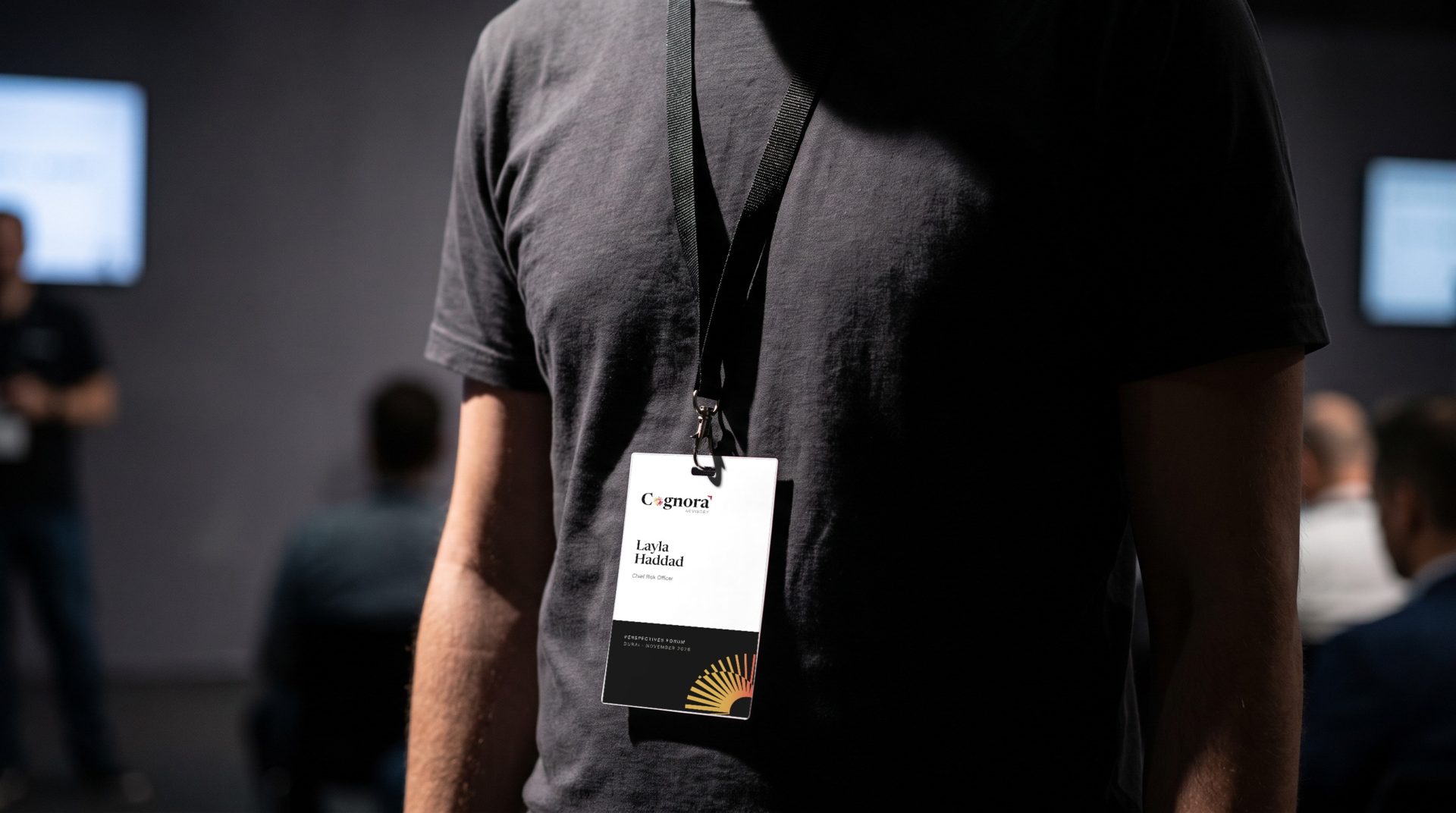 Event badge. Name first, the logo above it.