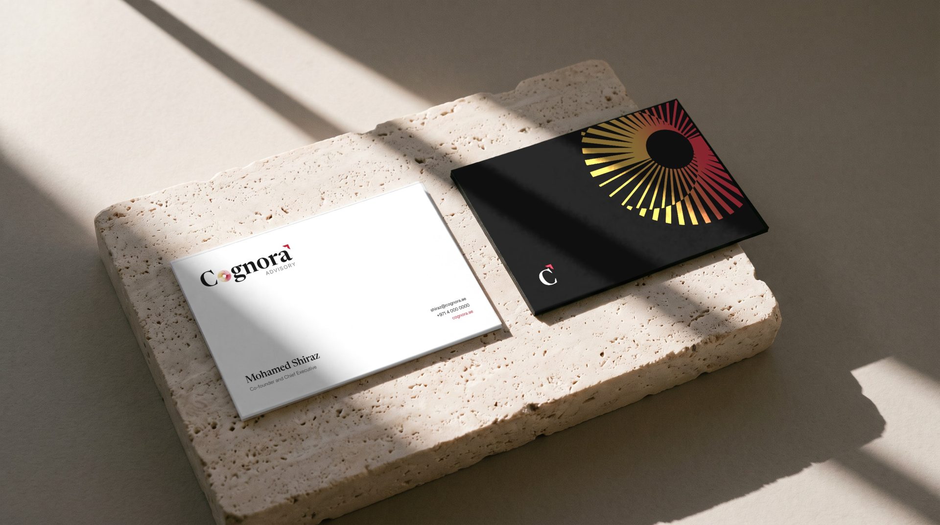 Business cards. White for the front; Ink for the reverse, the aperture cropped off the corner and the symbol below.