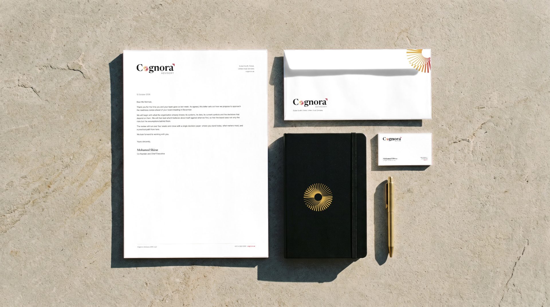 Correspondence. Letterhead, envelope, card and a black notebook with the aperture in gold foil.