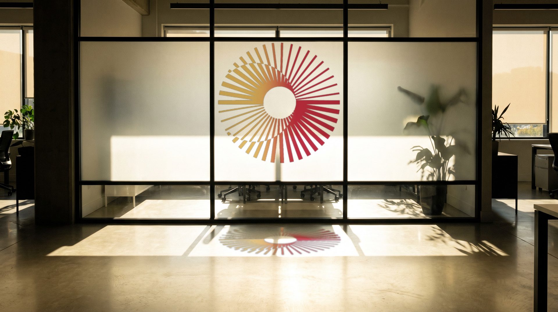 Meeting rooms. A coloured film on frosted glass. The sun carries it onto the floor.