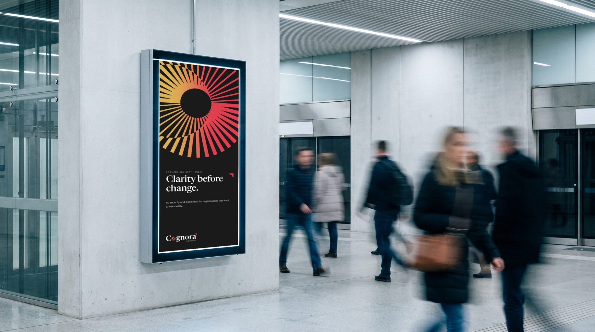 Campaign. A lightbox in the metro: one line, one aperture.