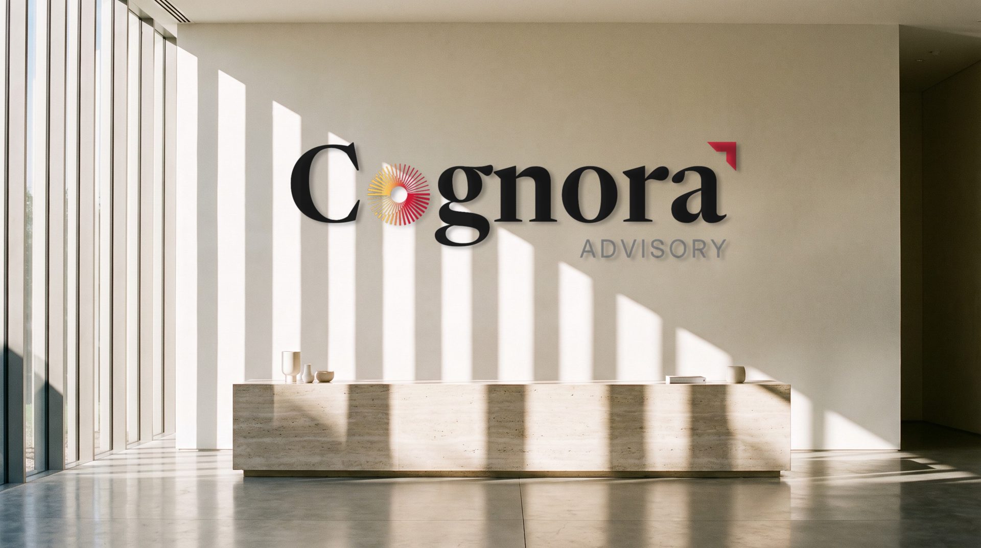 Reception. Applied lettering, crossed by the light from the louvres.