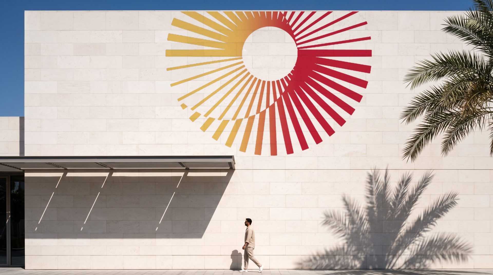 Building. The aperture as a mural on limestone, cropped by the roofline.